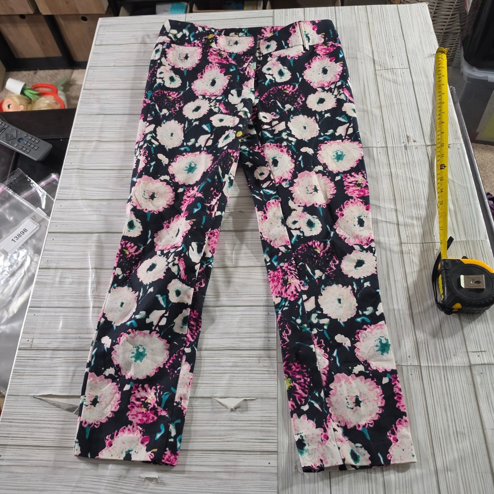 Black Label Women Floral Print Trousers Navy Pink Teal Slim Fit Pants Size 4